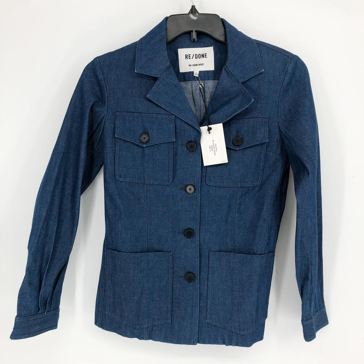 RE/DONE Women's 60's Safari Jacket Small Blue Indigo Cotton Buttons Pockets NWT