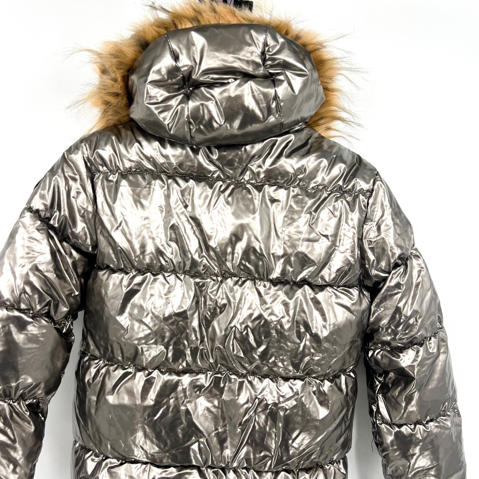 APPAMAN Girls Kyla Puffer Coat Size 14 Silver Lustrous Metallic Faux Fur NWT