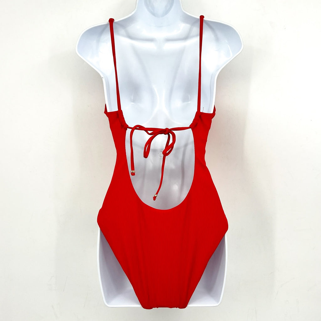 BECCA Women's Modern Edge One Piece Swimsuit Large Fire Red Plunge Neck NWT