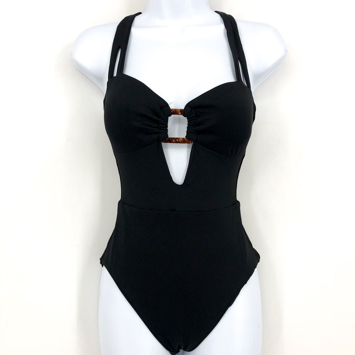 BECCA Women's Modern Edge One Piece Swimsuit Small Black Square Buckle NWOT