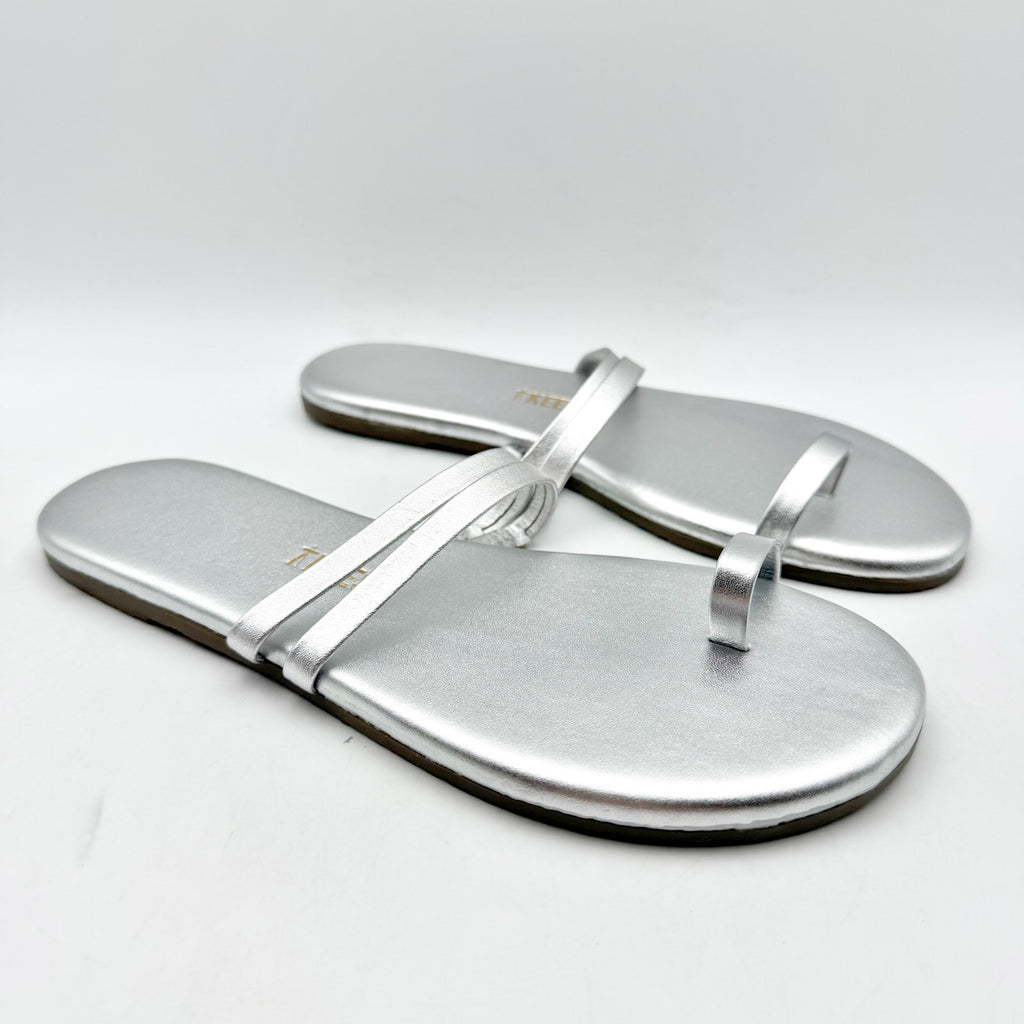 TKEES Womens Leah Slide Sandals Size 5 EU 36 Silver Slip On Flat NWOB