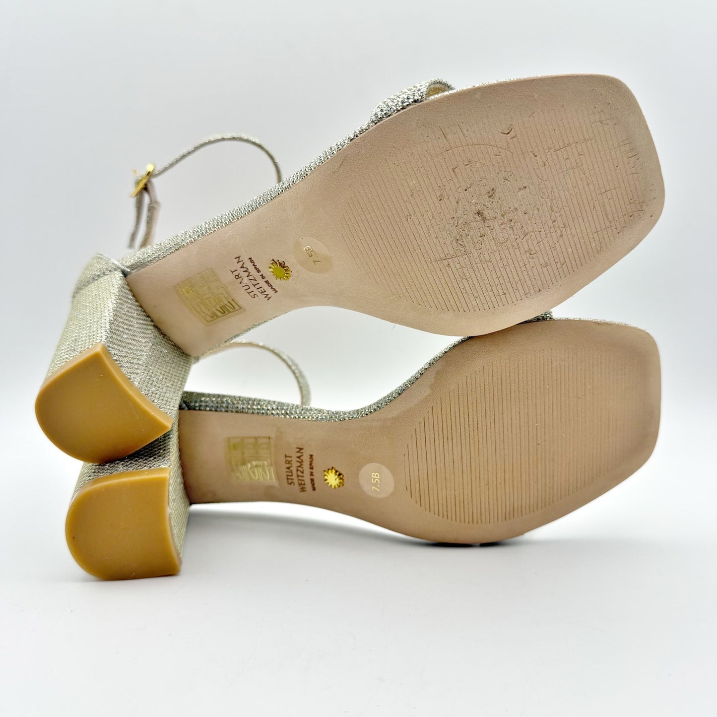 Stuart Weitzman Womens Nudistcurve 75 Block Heeled Sandal US 7.5 B Silver NIB