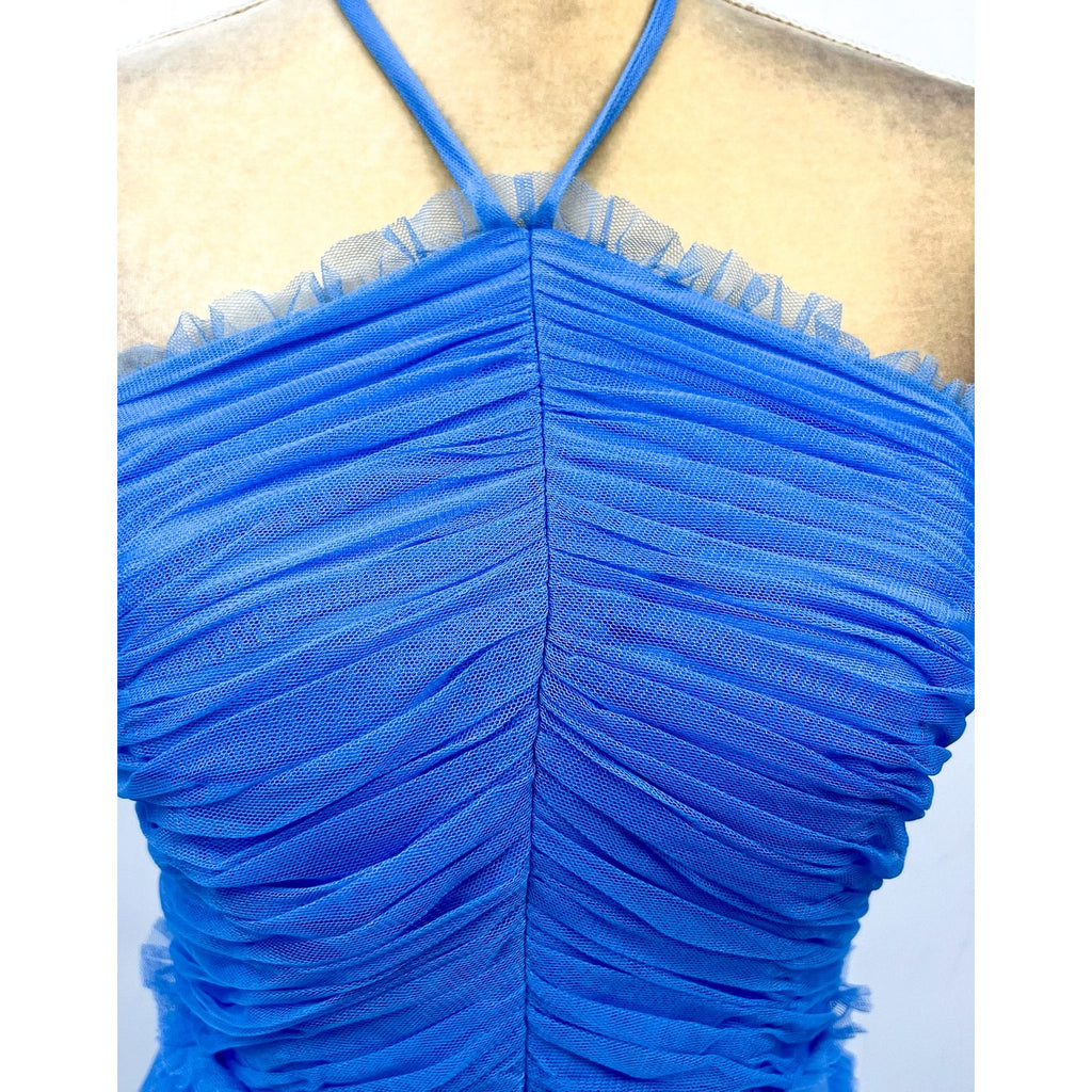 AQUA Women's Tulle Tiered Ruffle Gown Size 2 Cornflower Blue Open Back Dress NWT
