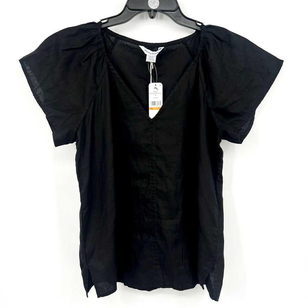 TOMMY BAHAMA Coastalina Linen Top Small Black Short Sleeve V-Neck Flutter NWT