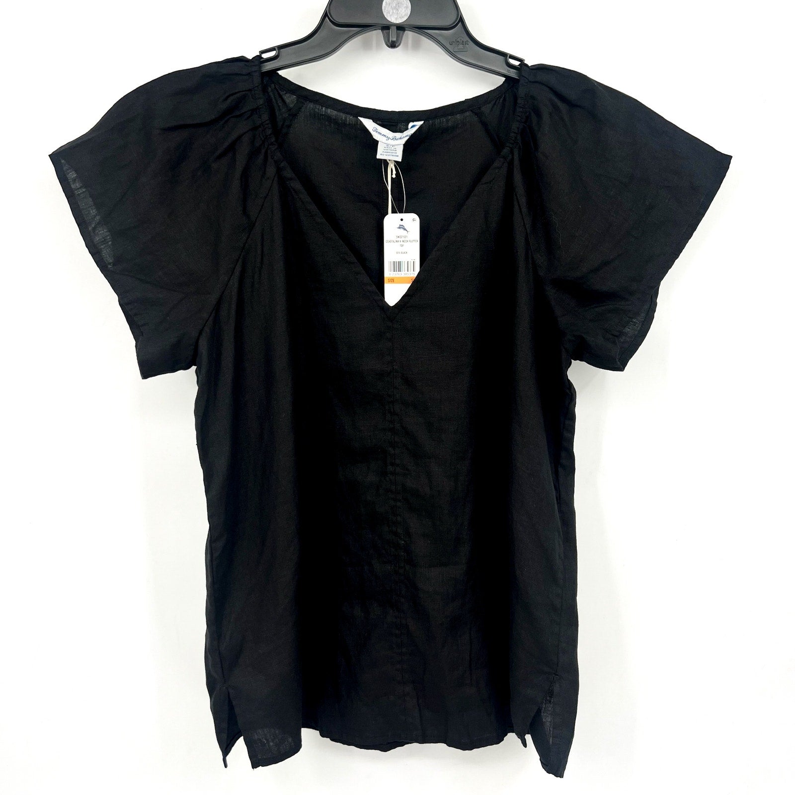 TOMMY BAHAMA Coastalina Linen Top Small Black Short Sleeve V-Neck Flutter NWT