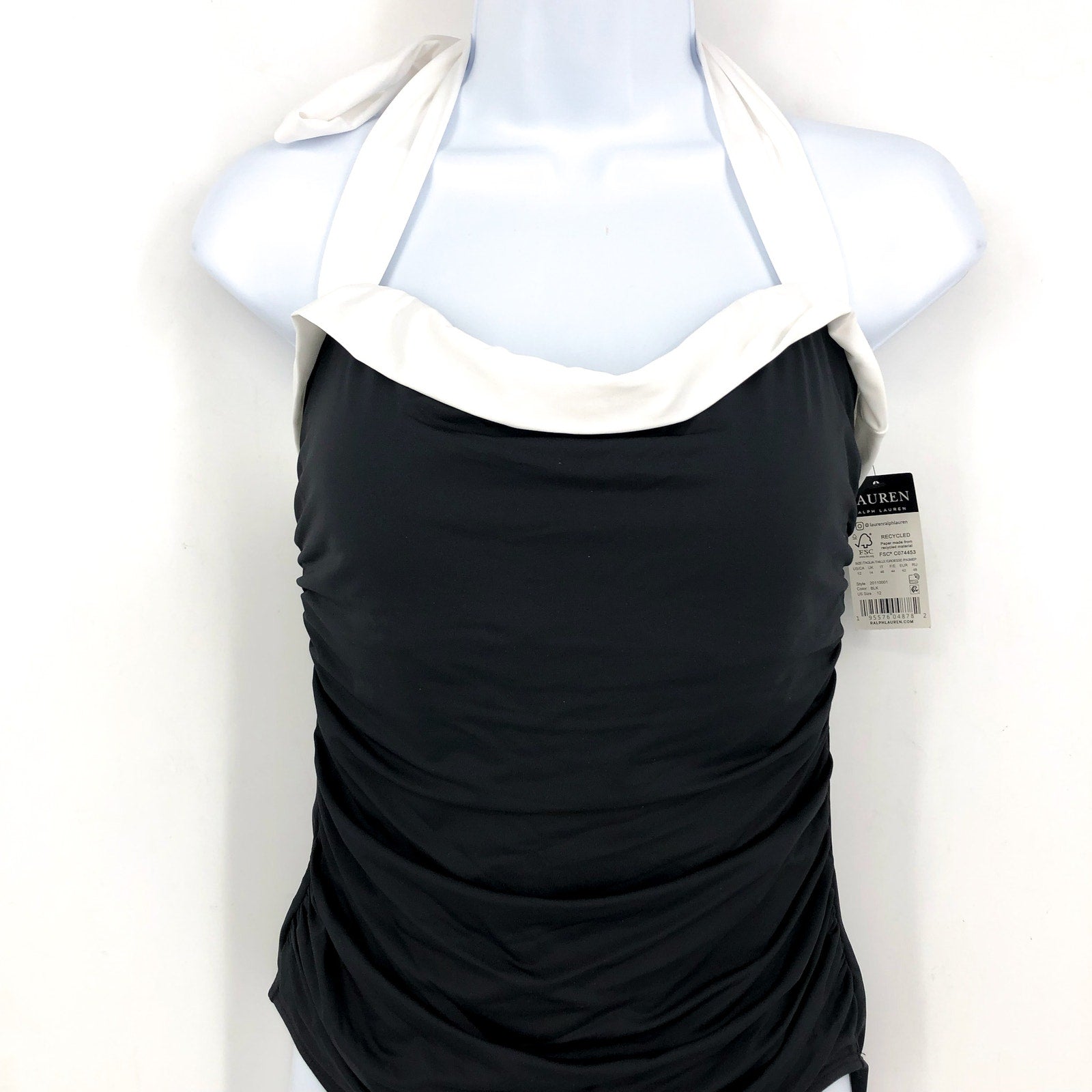 LAUREN RALPH LAUREN Bel Air Bandeau One-Piece Swimsuit Size 12 Black White NWT