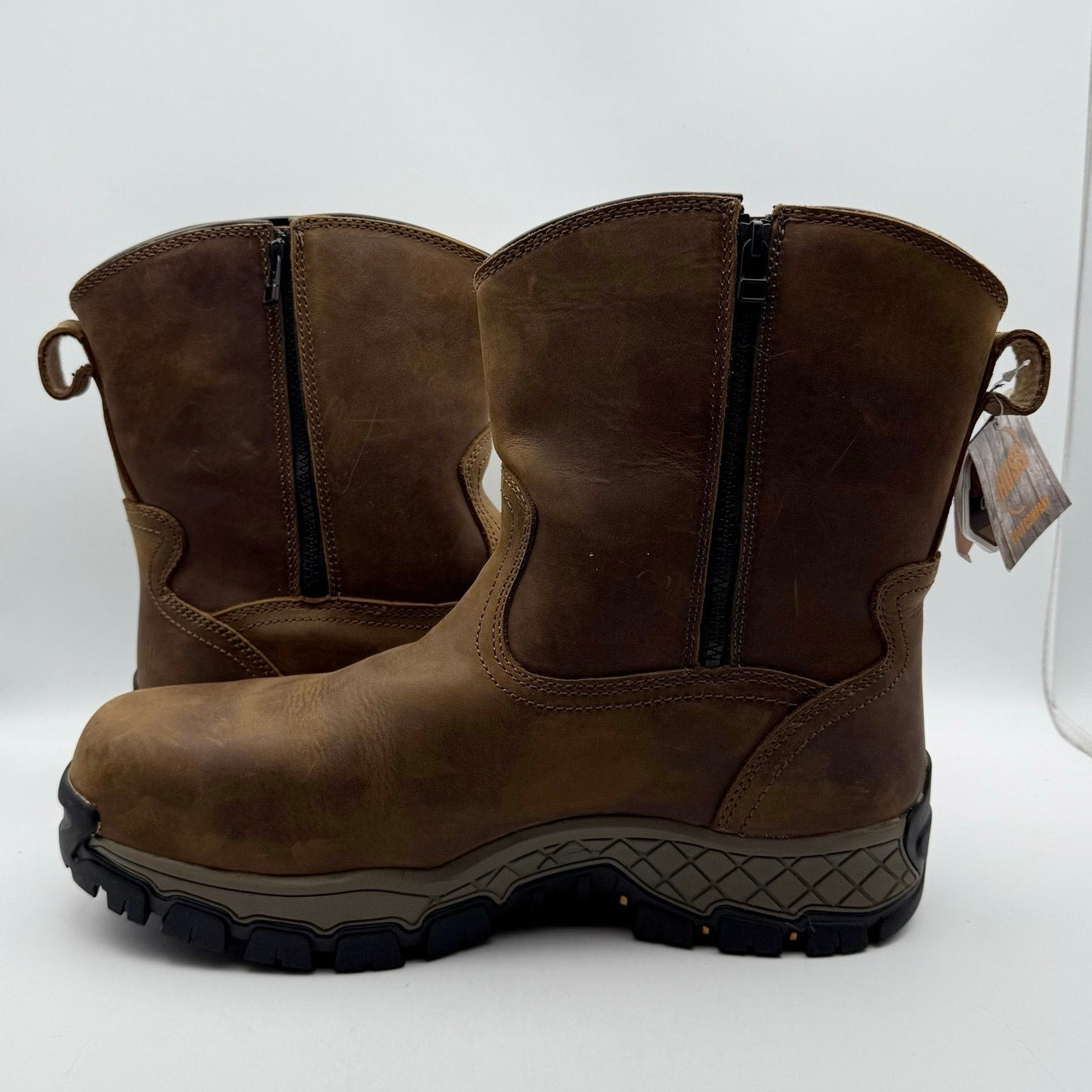 Hoss Mens Recon 8" Side Zip Wellington Industrial Boot 14 Wide Brown Leather NIB