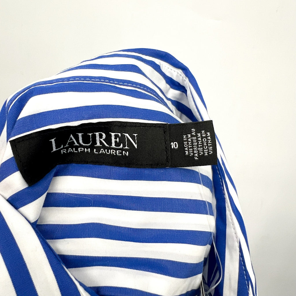 LAUREN RALPH LAUREN Kahwell Shirt Dress Size 10 Blue White Stripe Tie Waist NWT