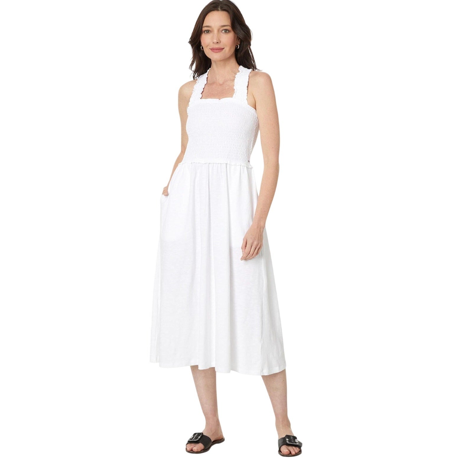 TOMMY HILFIGER Women's Solid Smocked Midi Dress Small Bright White Cotton NWT