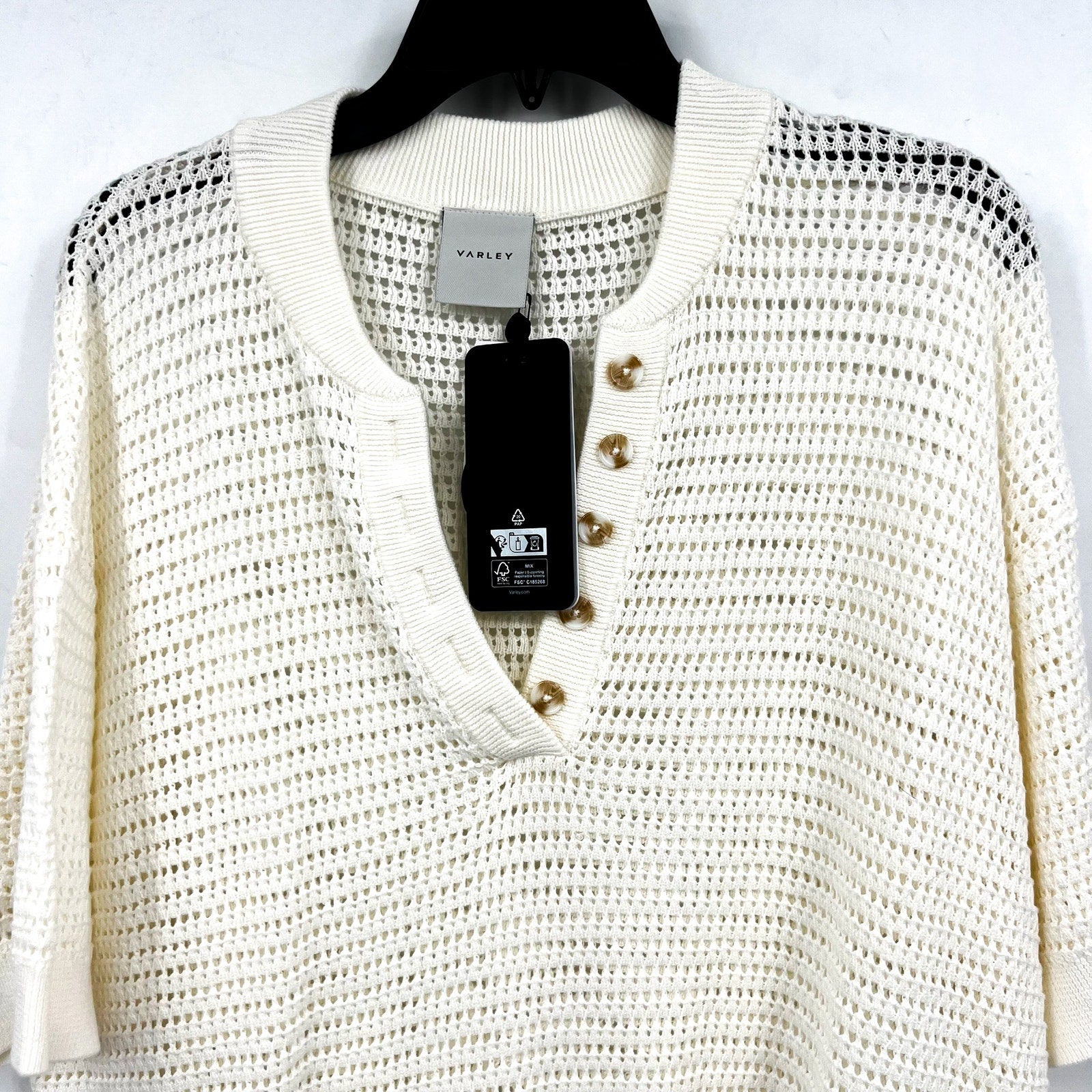VARLEY Women's Callie Mesh Knit Top Large Beige Egret Short Sleeve NWT