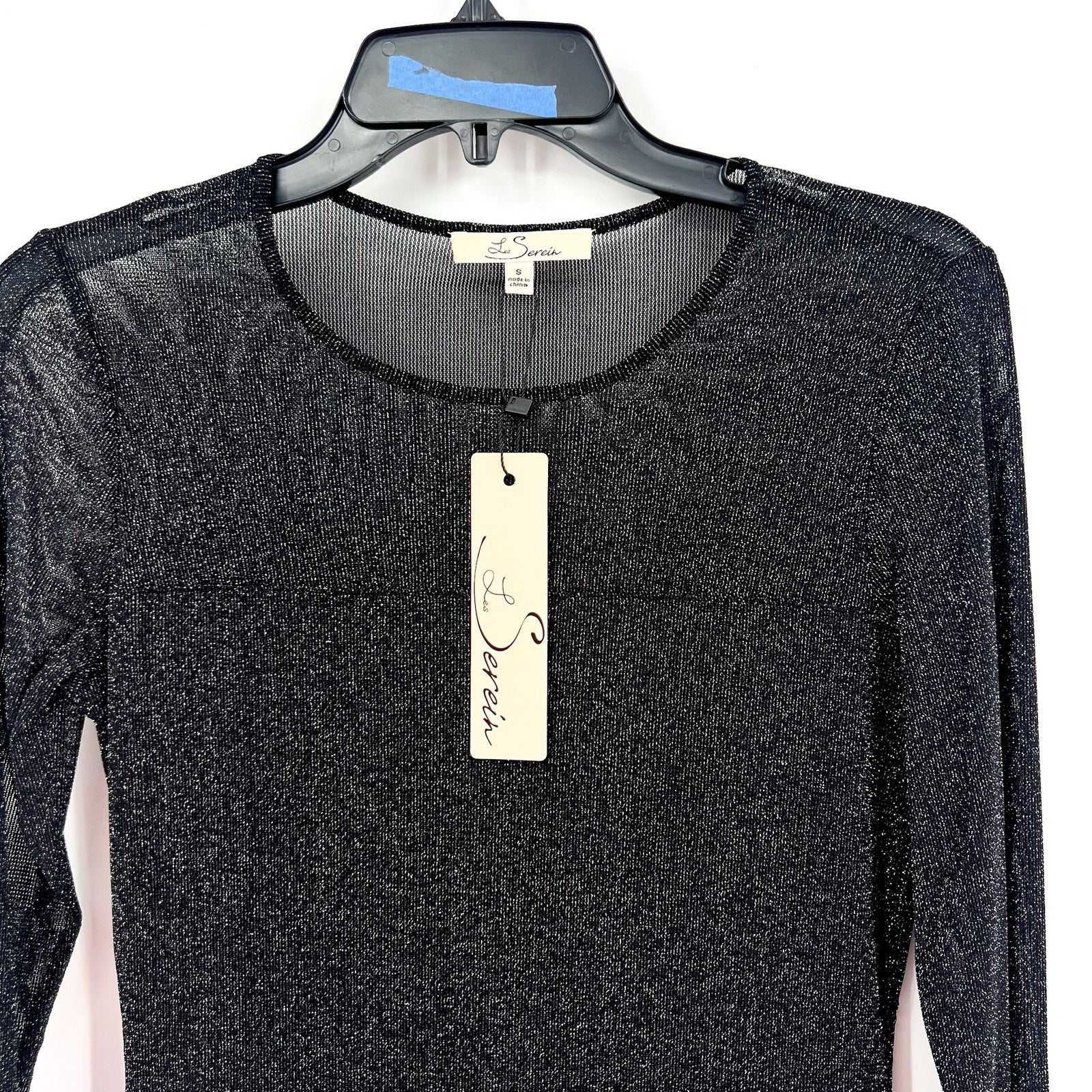 LES SEREIN Long Sleeve Glitter Mesh Sheer Top Small Black Silver Metallic NWT