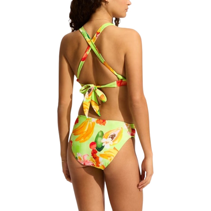 SEAFOLLY Womens Tropique Ruched Bikini Bottom Size 12 Green Aloe Gel Print NWT