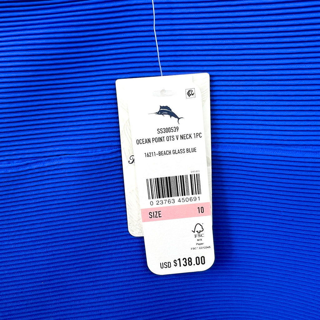 TOMMY BAHAMA Ocean Point V Neck One Piece Swimsuit Size 10 Beach Glass Blue NWT