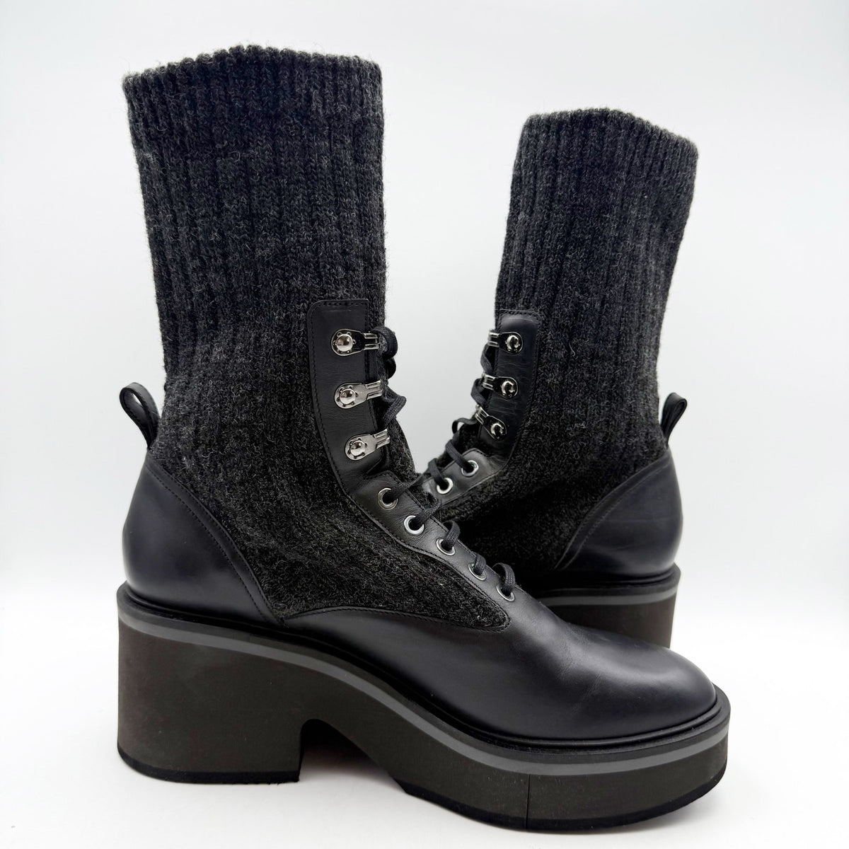 Robert Clergerie Womens Ancel Boots Size 10 EU 40 Black Calfskin Knit Combat NIB