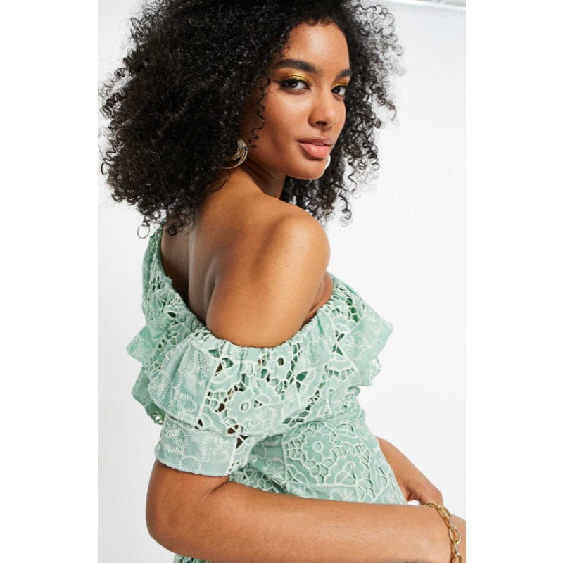 ASOS DESIGN One Shoulder Midi Dress Small Sage Green Patched Lace Ruffle NWOT