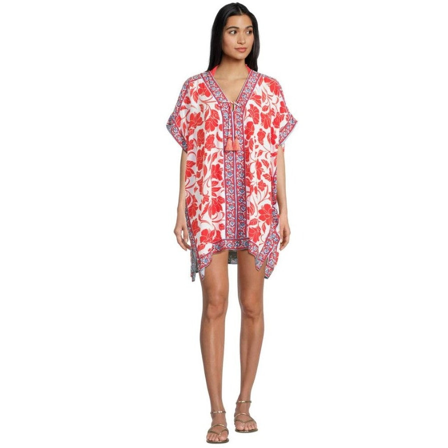 TOMMY BAHAMA Women's Fiori Border Beach Tunic Cover Up Large XL White Red NWT