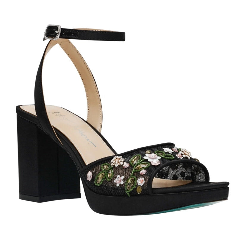 Betsey Johnson Womens Kirra Platform Heel Sandals US 8.5 Black Floral Beaded NIB