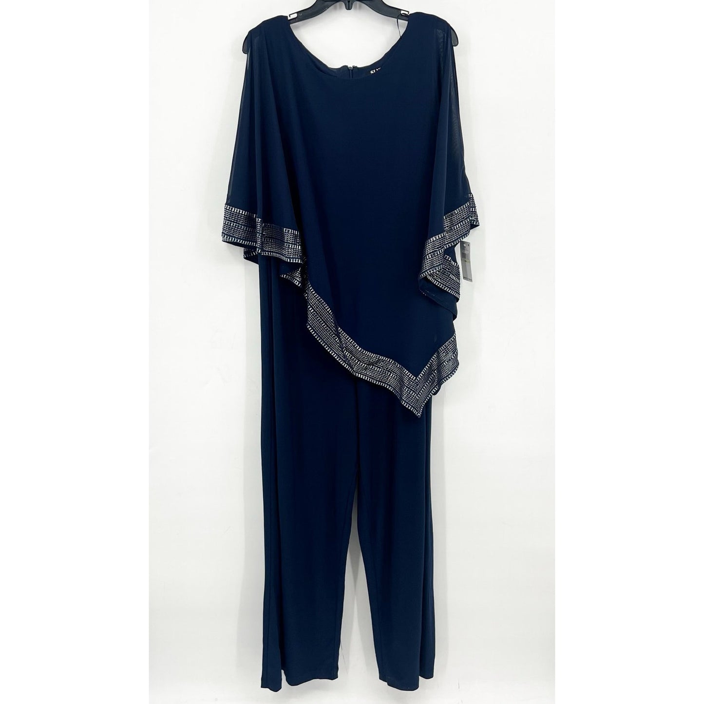 SLNY Women's Metallic Trim Cape Jumpsuit 18W Navy Blue Silver Asymmetrical NWT