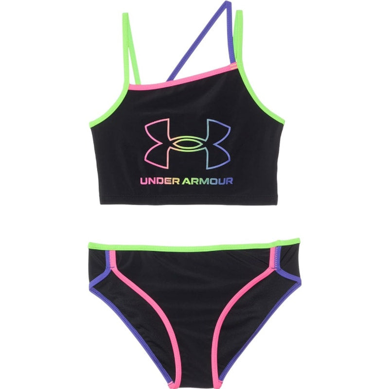 UNDER ARMOUR Girl's Angled Midkini Bikini Set Size 10 Black Swim Neon NWT