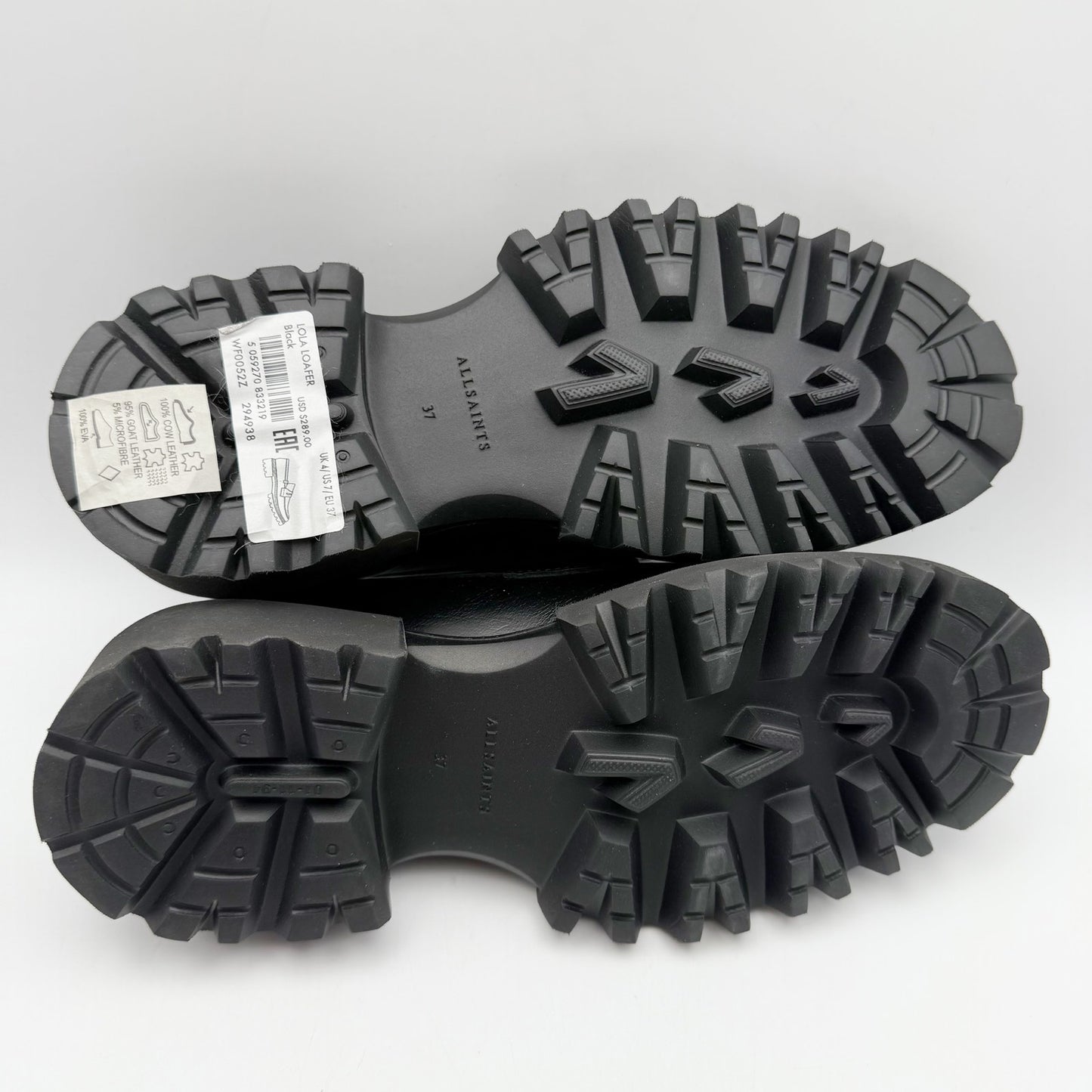 Allsaints Womens Lola Loafers US 7 EU 37 Black Leather Chunky Lug Sole NWOB