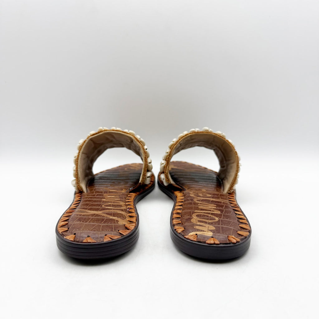 Sam Edelman Womens Gale Sandals US 7.5 M Cognac Tan Seashell Detail Slip On NIB