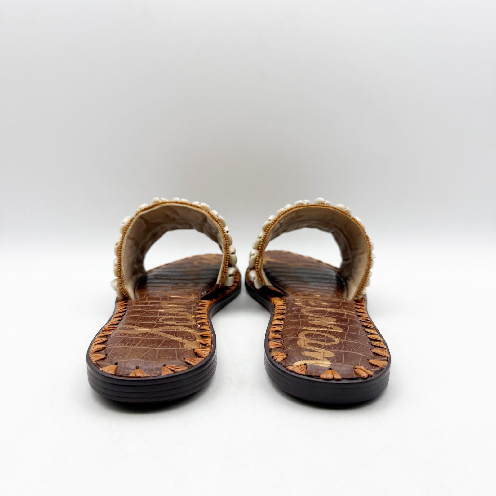 Sam Edelman Womens Gale Sandals US 7.5 M Cognac Tan Seashell Detail Slip On NIB