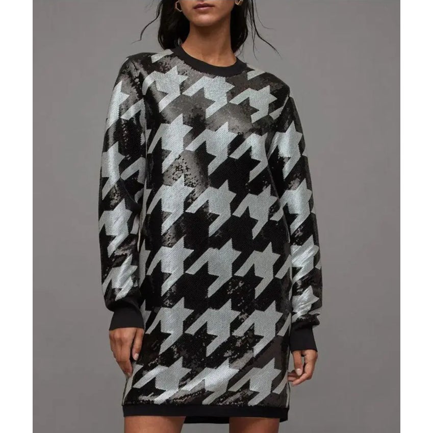 ALLSAINTS Juela Toni Sequin Check Mini Dress Medium Black White Long Sleeve NWT