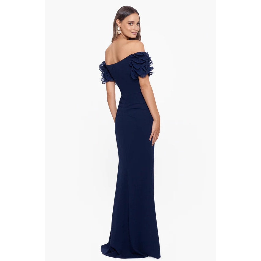 XSCAPE Ashlyn Scuba Crepe Off the Shoulder Long Gown Size 8 Navy Blue Dress NWT
