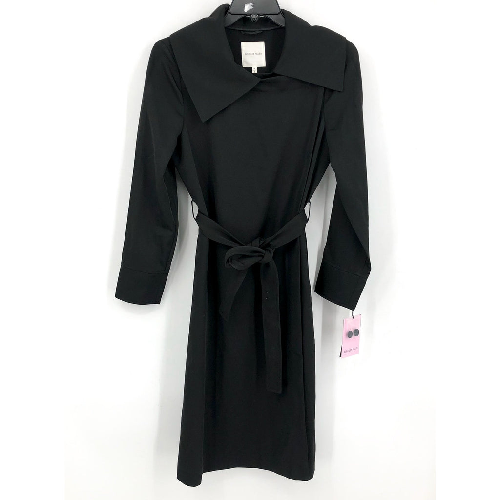 AVEC LES FILLES Womens Drape-Front Trench Coat Medium Black Belted Stretch NWT