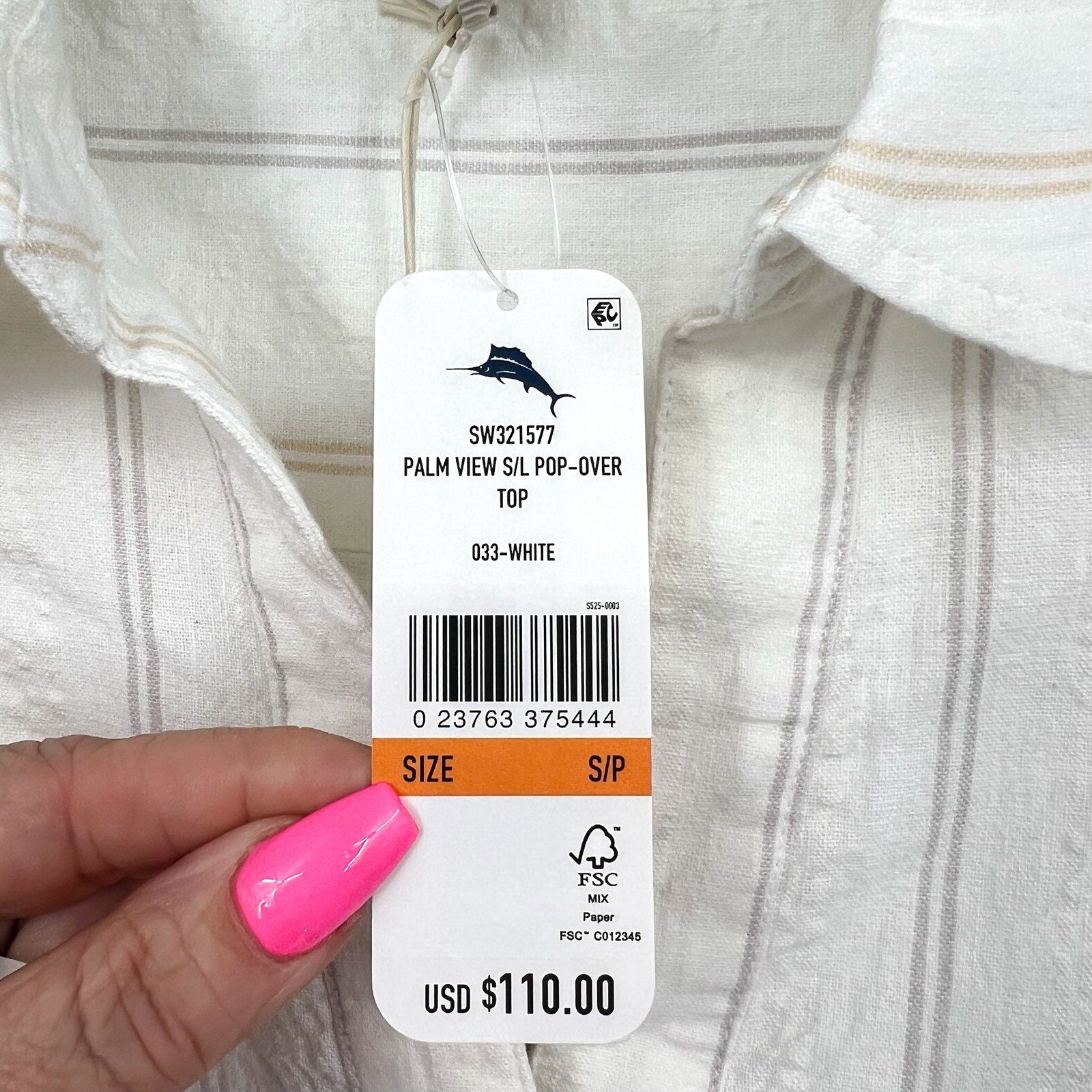 TOMMY BAHAMA Womens Palm View Popover Top Small White Linen-Blend Striped NWT