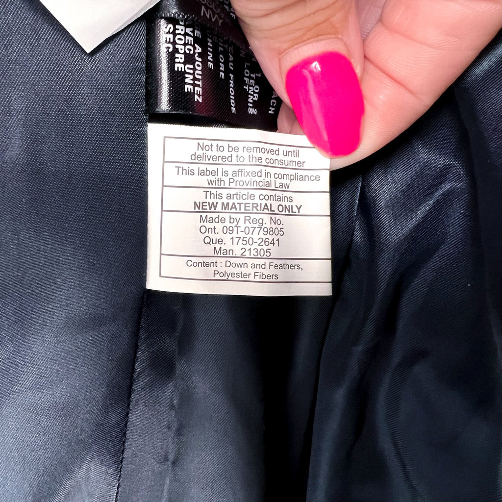 COLE HAAN Women’s Box Quilt Down Puffer Coat XS Navy Blue Hooded NWT