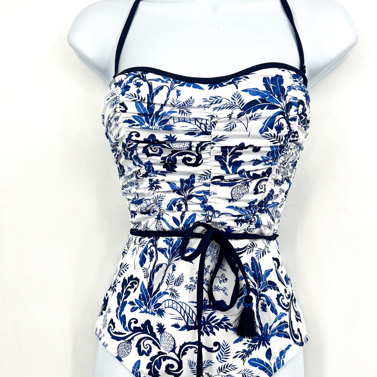 TOMMY BAHAMA Terrazzo Tile Bandeau One Piece Swimsuit Size 8 Blue Floral NWT
