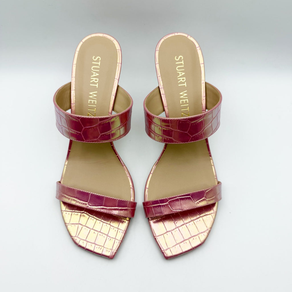Stuart Weitzman Kristal Heeled Sandals Size 9 M Pink Iridescent Leather NIB
