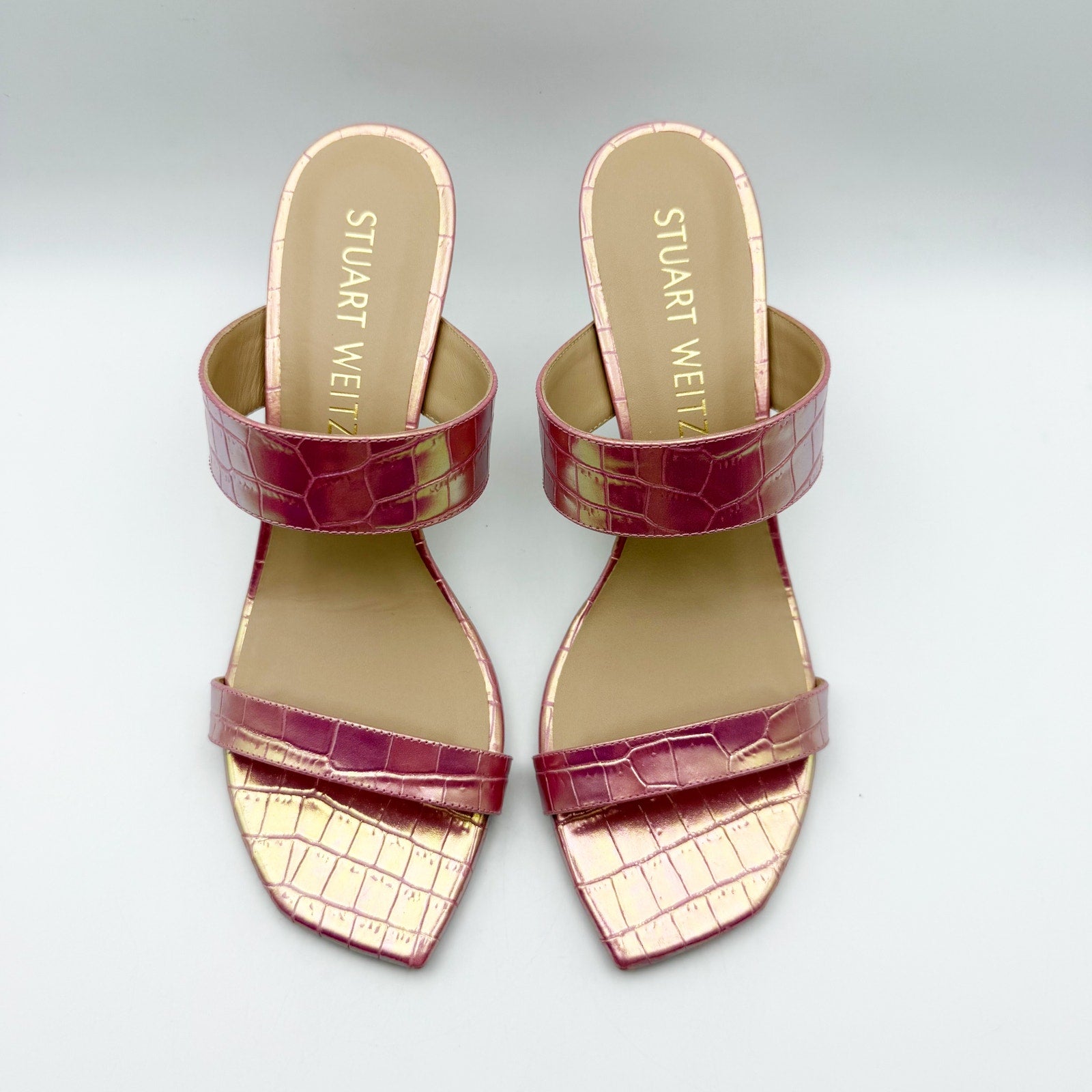 Stuart Weitzman Kristal Heeled Sandals Size 9 M Pink Iridescent Leather NIB
