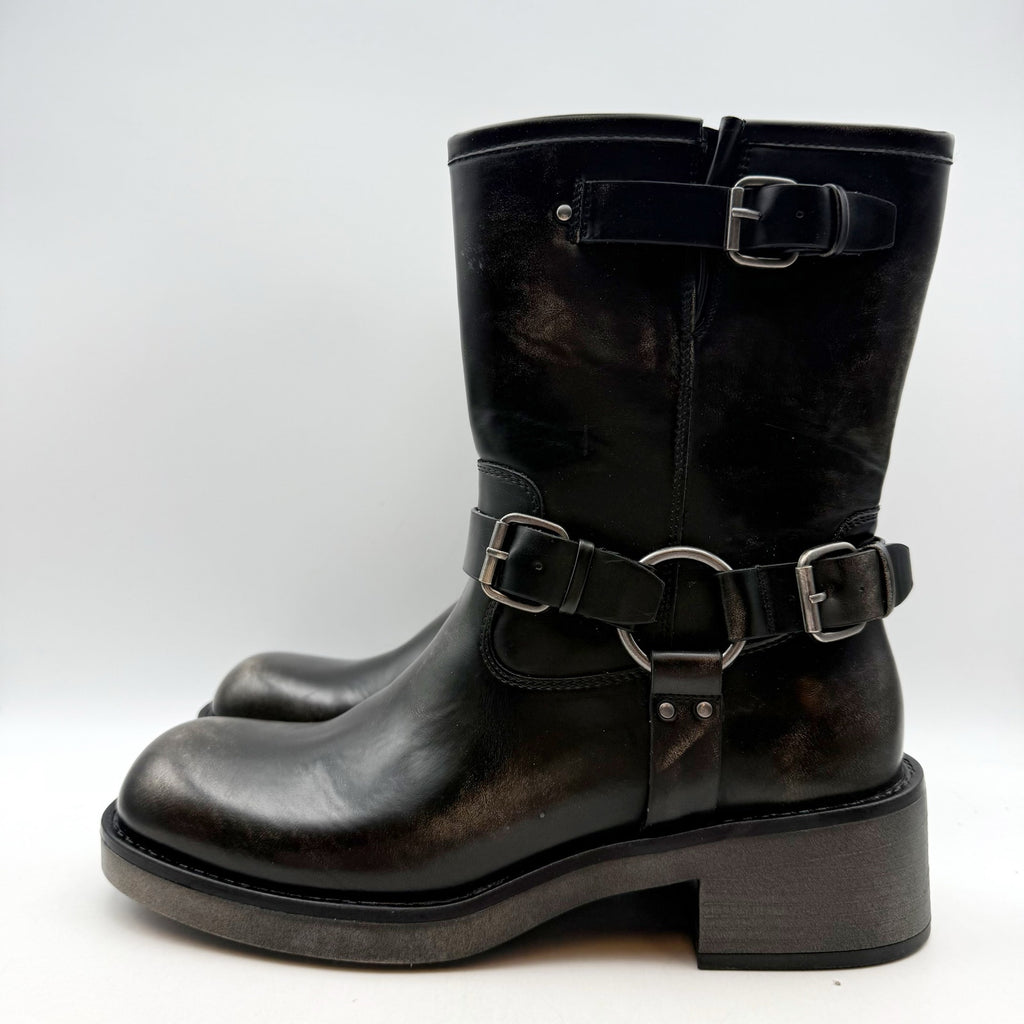 Bullboxer Womens Cora Motorcycle Boots US 8.5 Black Distressed Leather NWOB