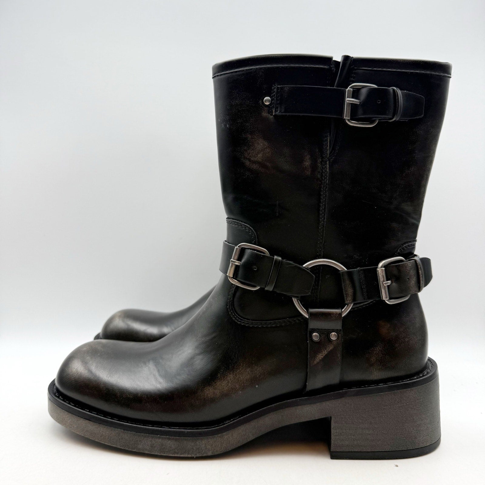 Bullboxer Womens Cora Motorcycle Boots US 8.5 Black Distressed Leather NWOB