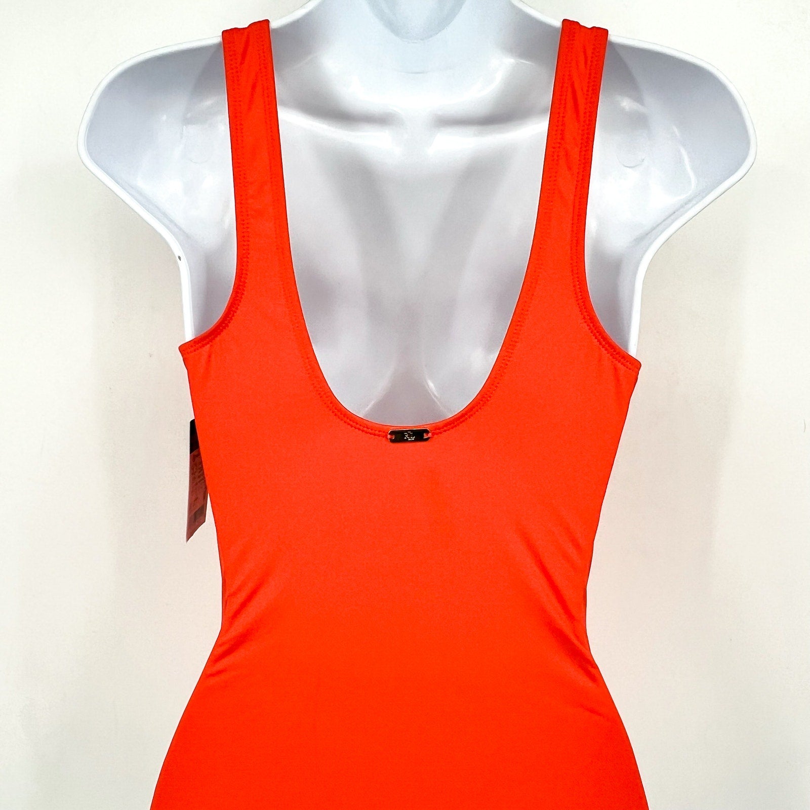 LAUREN RALPH LAUREN Ring One Piece Swimsuit Size 12 Orange Over The Shoulder NWT