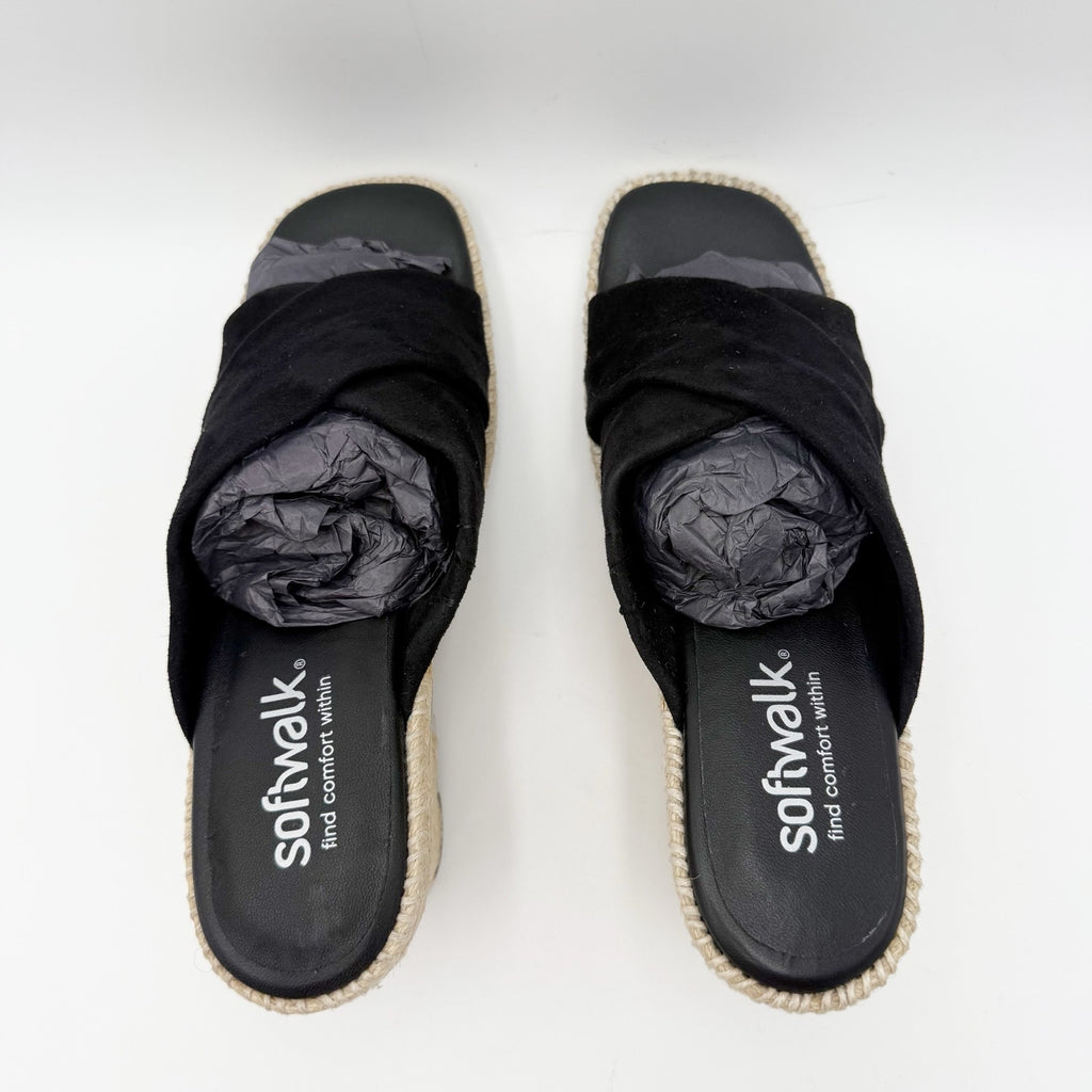 Softwalk Womens Hastings Wedge Sandals Size 7 WIDE Black Suede NIB