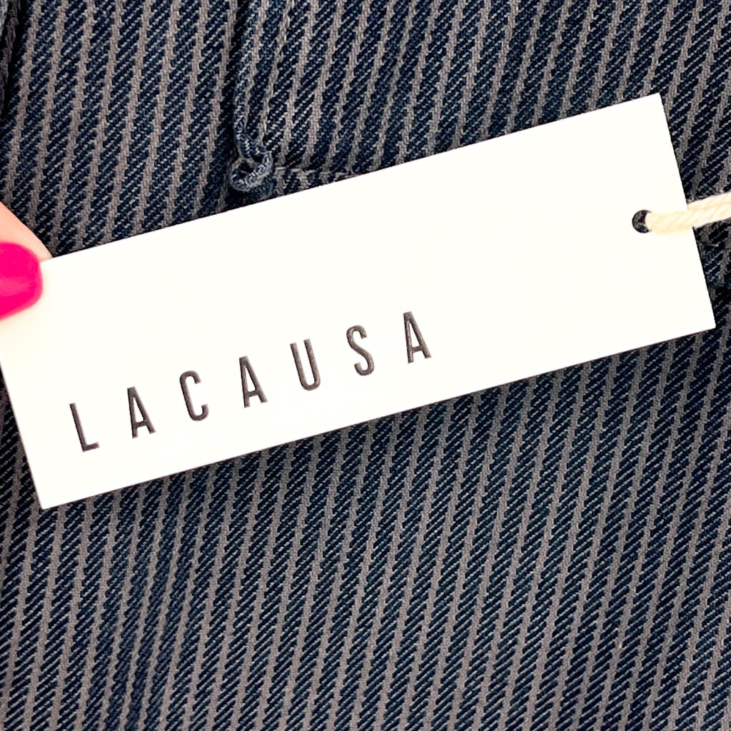 LACAUSA Womens Railroad Lucky Jumpsuit XS Dark Blue Gray Stripe Short Sleeve NWT