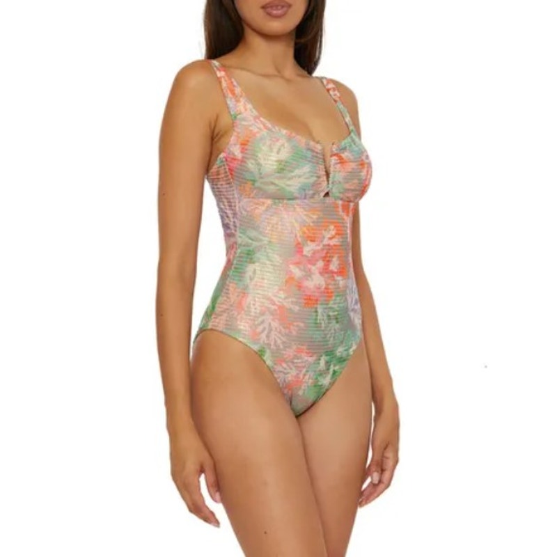 BECCA Coral Reef Viviana One Piece Swimsuit Medium Pink Print V Wire Plunge NWT