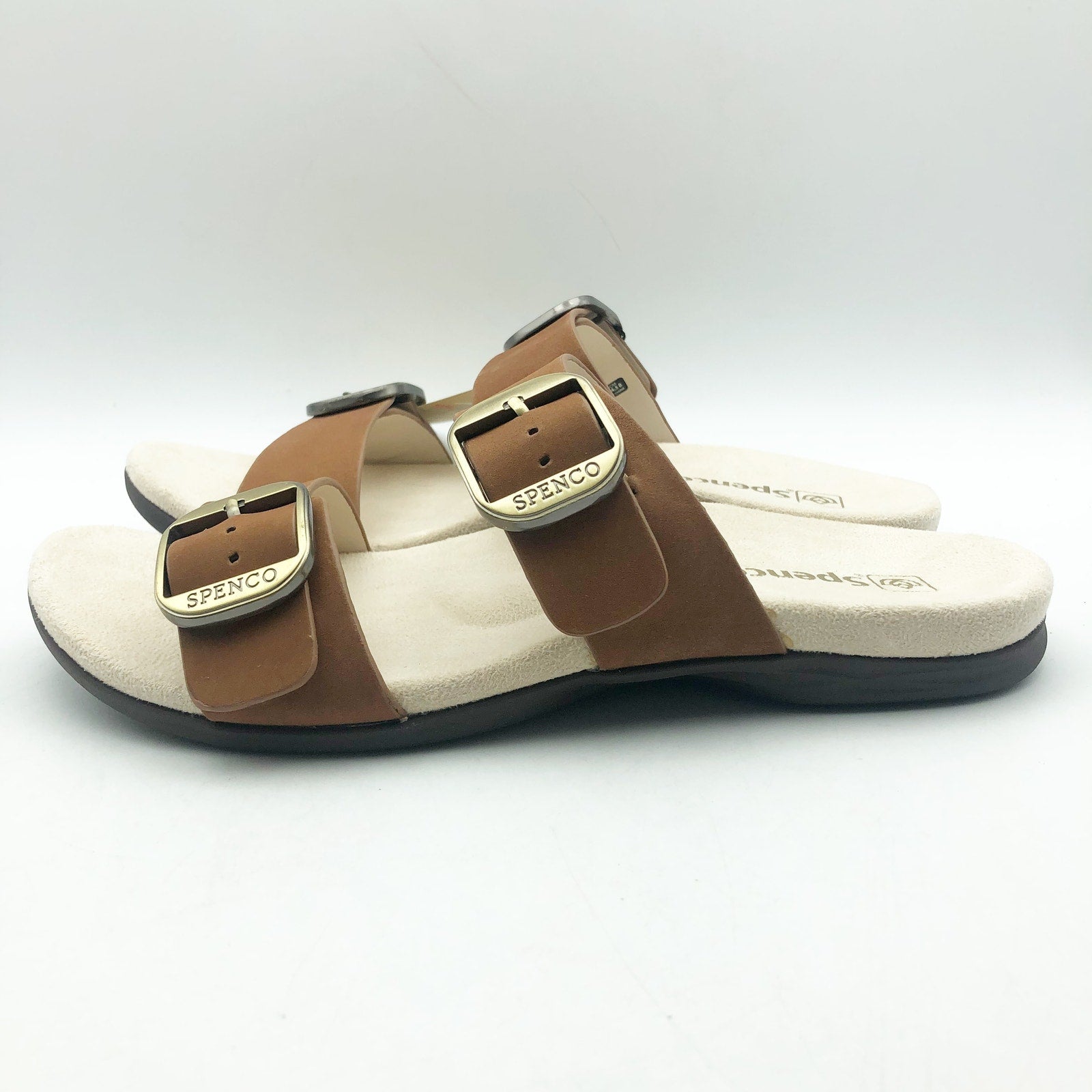 Spenco Womens Vista Slip On Sandals Size 7.5 Tan Saddle Leather APMA Comfort NIB