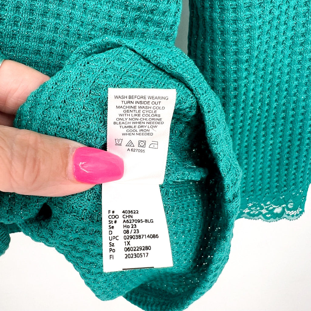 LOGO LORI GOLDSTEIN Metallic Waffle Knit Top 1X Blue Green Long Sleeve NWOT