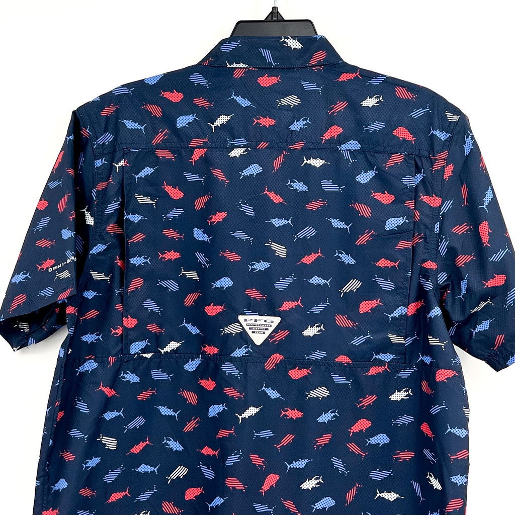 COLUMBIA Men's Super Slack Tide Camp Shirt Small Blue Norturnal Print UPF 40 NWT