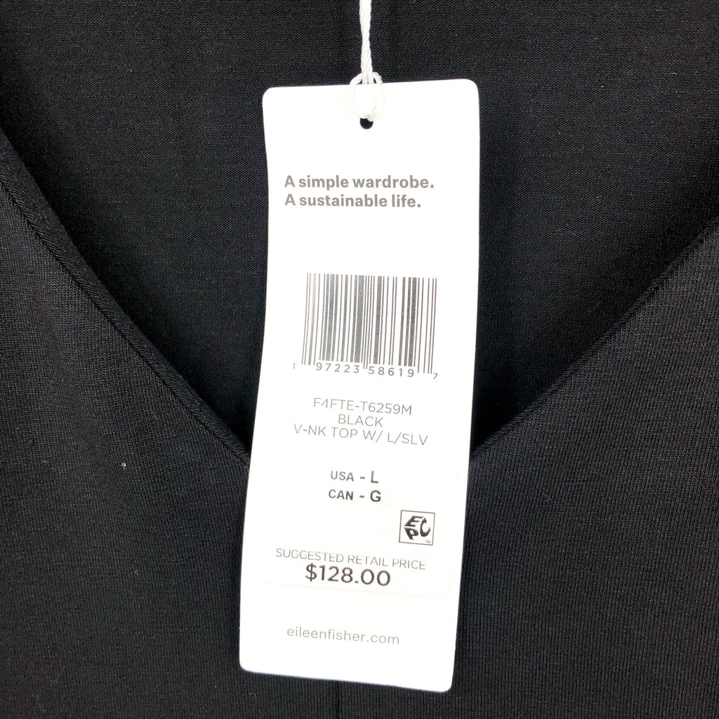 EILEEN FISHER Womens Fine Jersey Long Sleeve V-Neck Top Large Black Slim Fit NWT