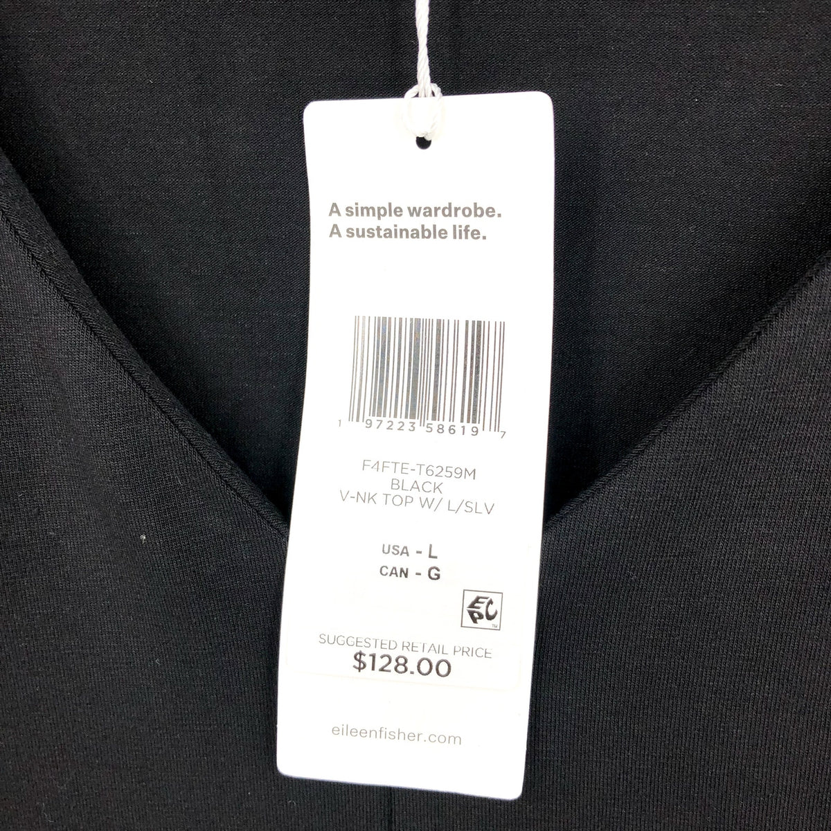 EILEEN FISHER Womens Fine Jersey Long Sleeve V-Neck Top Large Black Slim Fit NWT