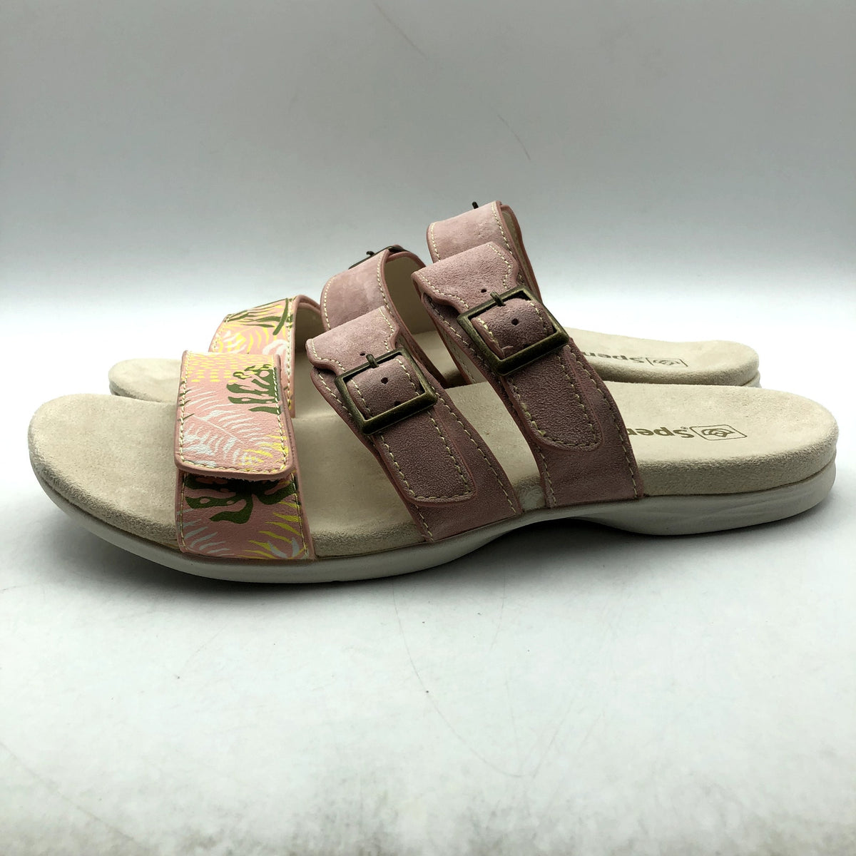 Spenco Womens Orchid Saddle Sandals Size 7.5 Pink Tan 3 Strap Slides NIB