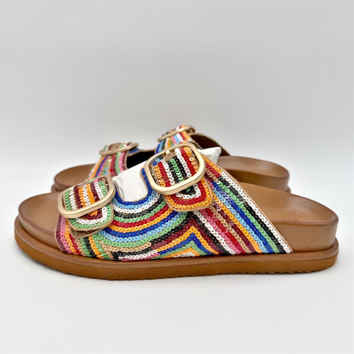 Steve Madden Womens Tourist Footbed Sandals Size 7.5 Multicolor Sequins NIB