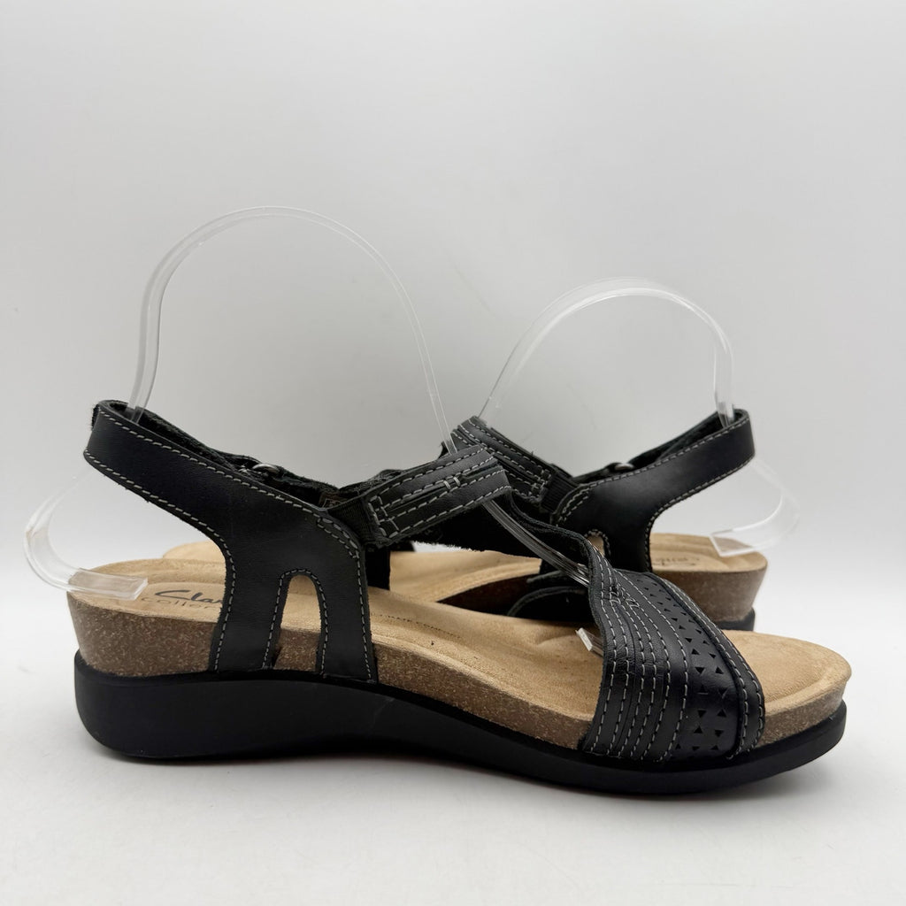 Clarks Womens Calenne Carmen Wedge Sandals US 8.5 M Black Leather NWOB