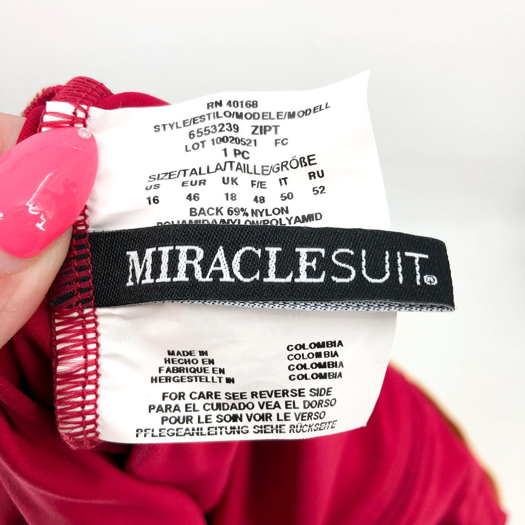 MIRACLESUIT Women's Razzle Dazzle Zipt One-Piece Swimsuit Size 16 Red Ruched NWT
