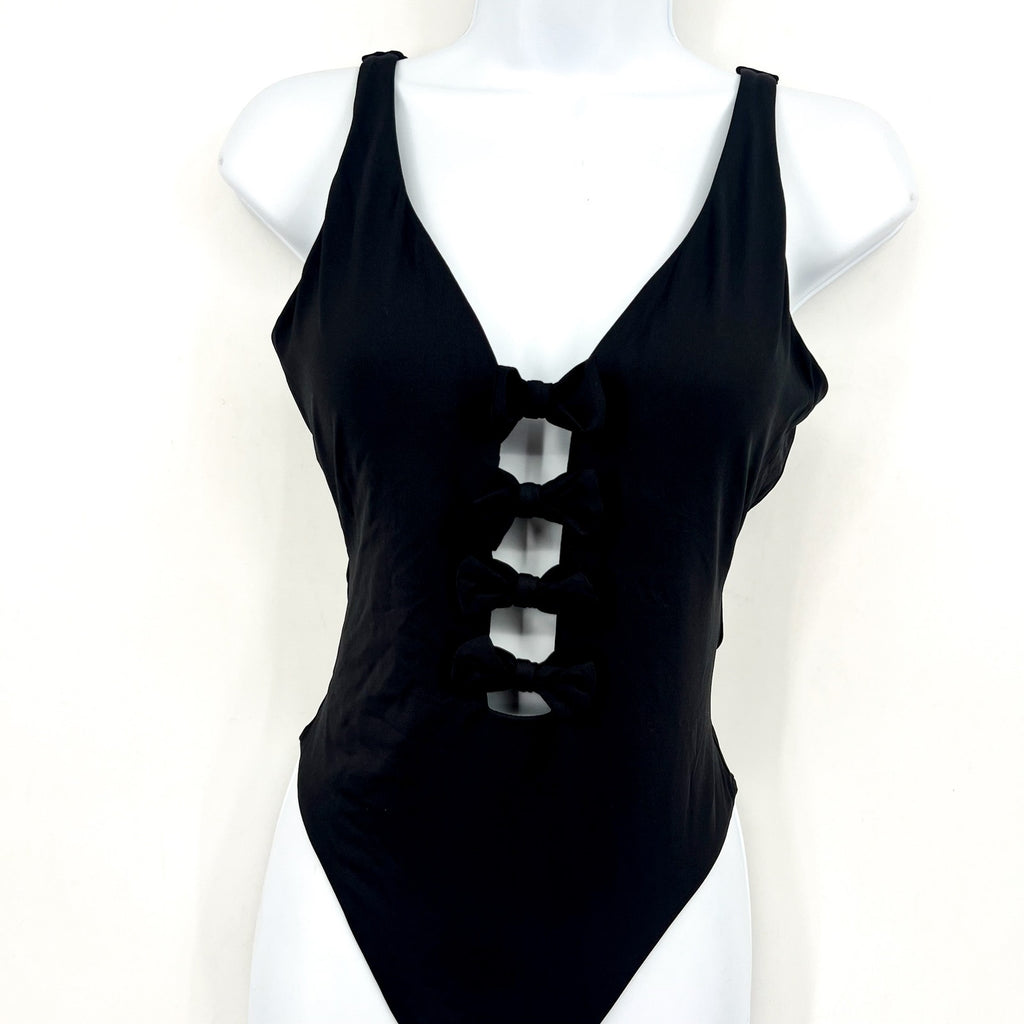 SEAFOLLY Women's Bow-Front One-Piece Swimsuit Size 8 Black High Leg NWT